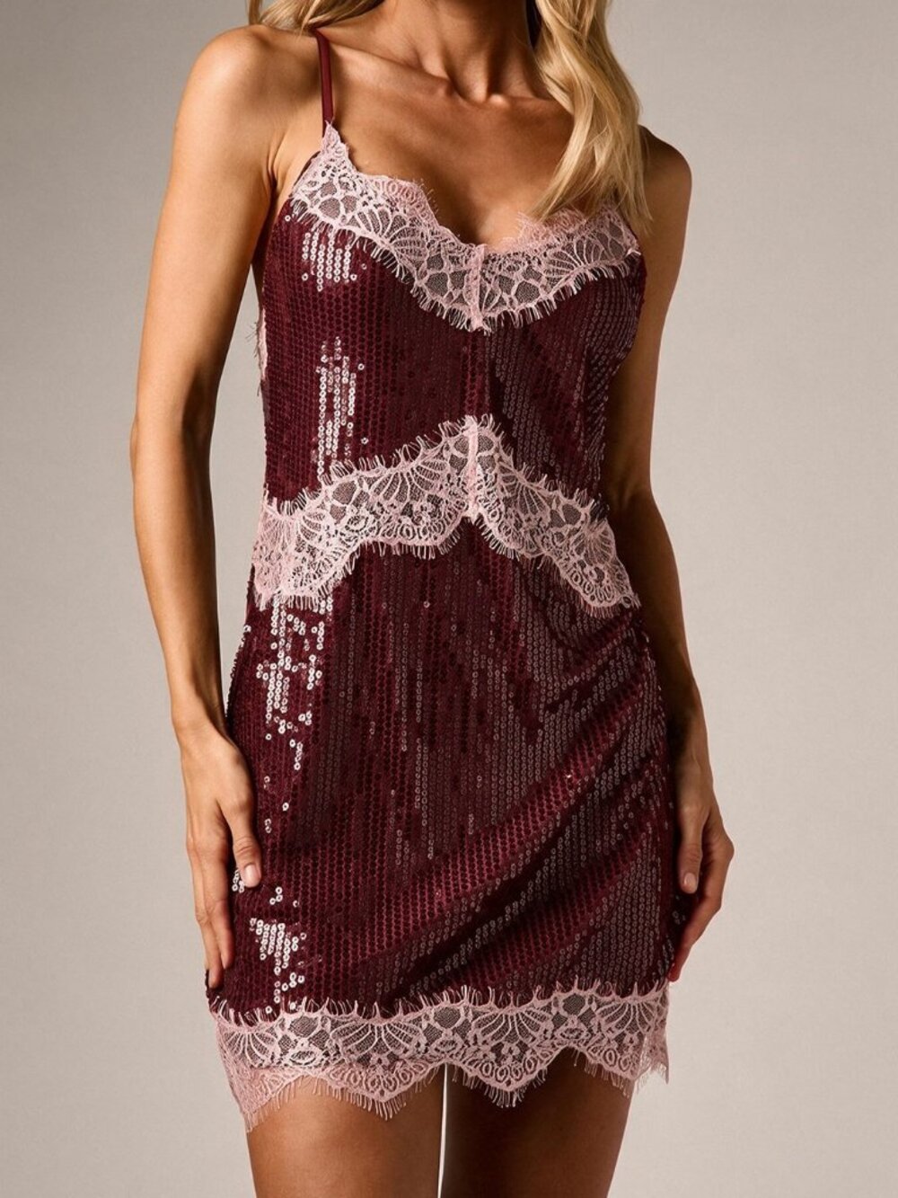 Burgundy & Red Party Women's Sequin Lace Trim Spaghetti Strap Mini Dress